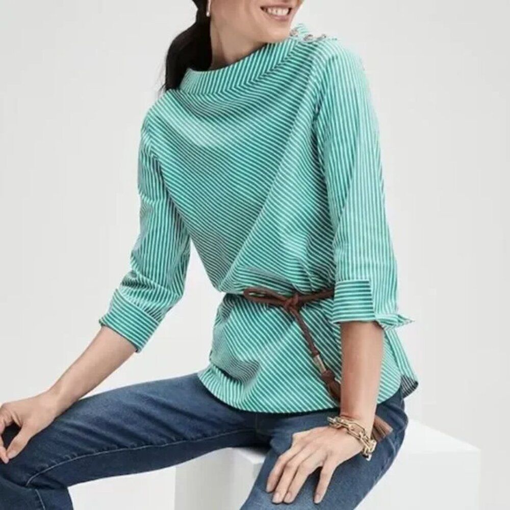 Chico's Poplin Tunic Top Size 3 Mock Neck Green Stripe NWOT